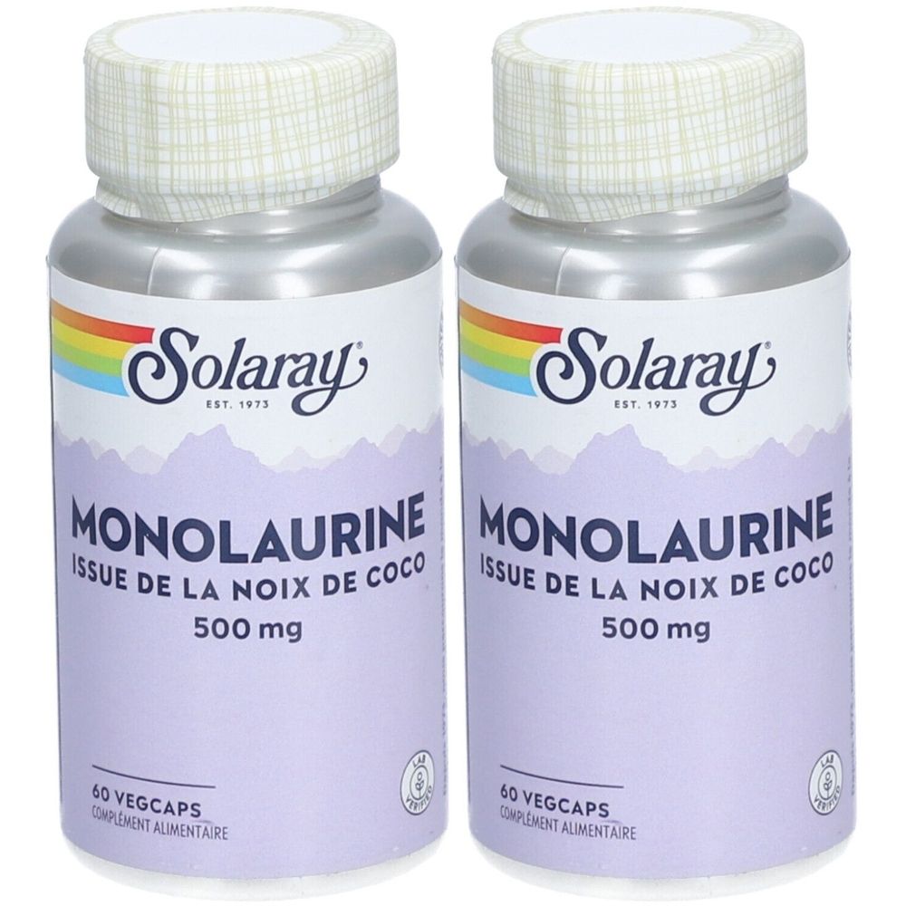 Deux flacons de Solaray Monolaurine. Inscription : Monolaurine, Issue de la noix de coco, 500 mg. 60 Vegcaps. Avec couvercles.
