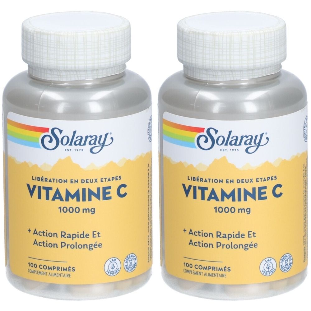 Deux flacons de SOLARAY Vitamine C 1000 mg. Inscription : Vitamine C, 1000 mg, 100 comprimés. Étiquette jaune avec arc-en-ciel.