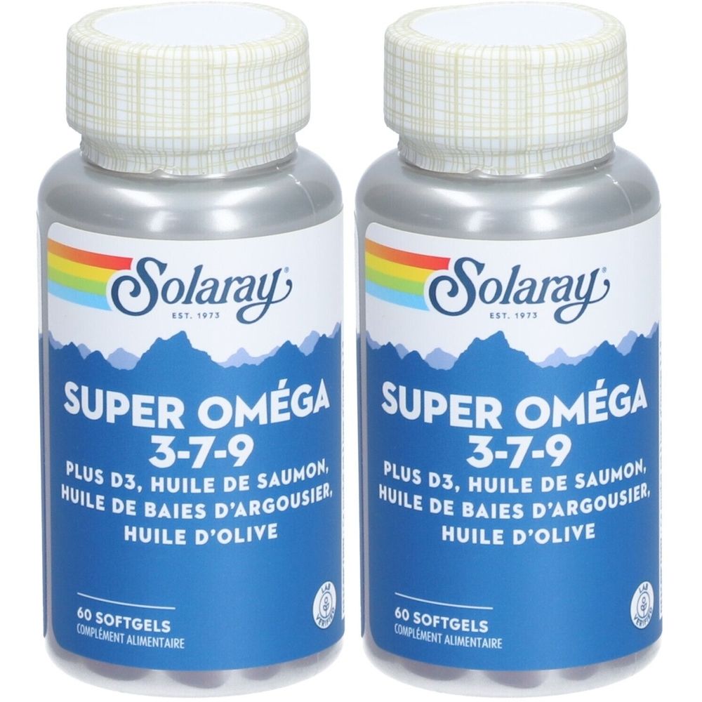Deux flacons de Solaray Super Oméga 3-7-9. Étiquettes bleues avec texte blanc. Contient 60 gélules. Logo arc-en-ciel.