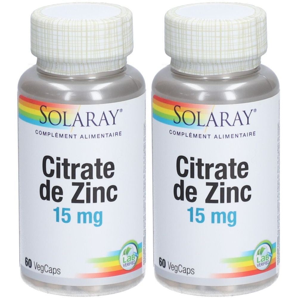 Deux flacons de Citrate de Zinc 15 mg SOLARAY. Étiquettes blanches avec texte et arc-en-ciel. 60 VegCaps. Certification de laboratoire.