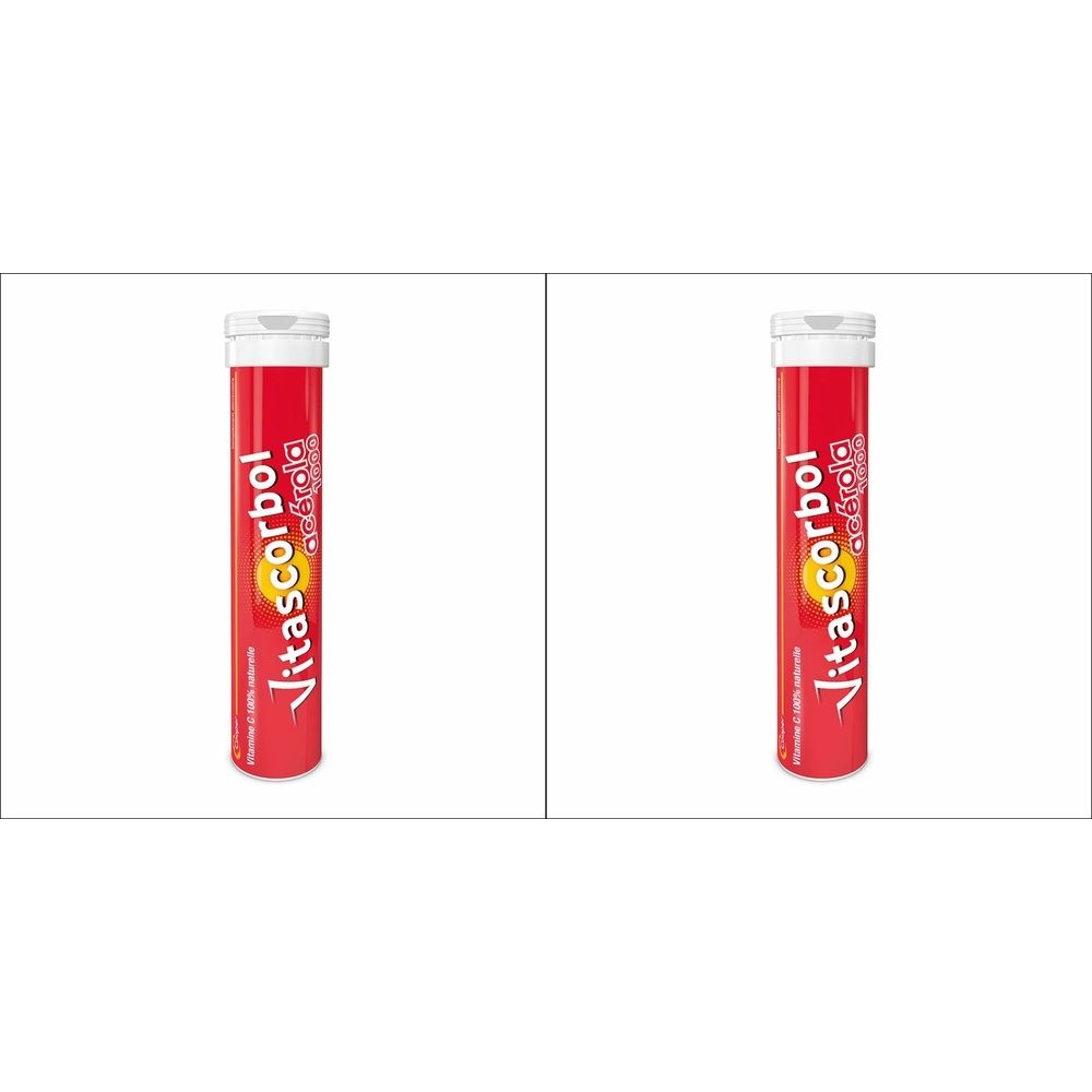 Deux tubes rouges avec bouchon blanc. Inscription Vitascorbol Acérola. Complément alimentaire.