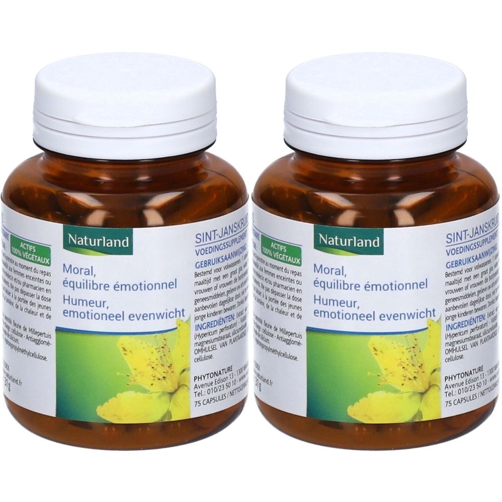 Deux flacons bruns avec des couvercles blancs. Étiquettes avec texte : Naturland, Moral, équilibre émotionnel, Humeur, emotioneel evenwicht.