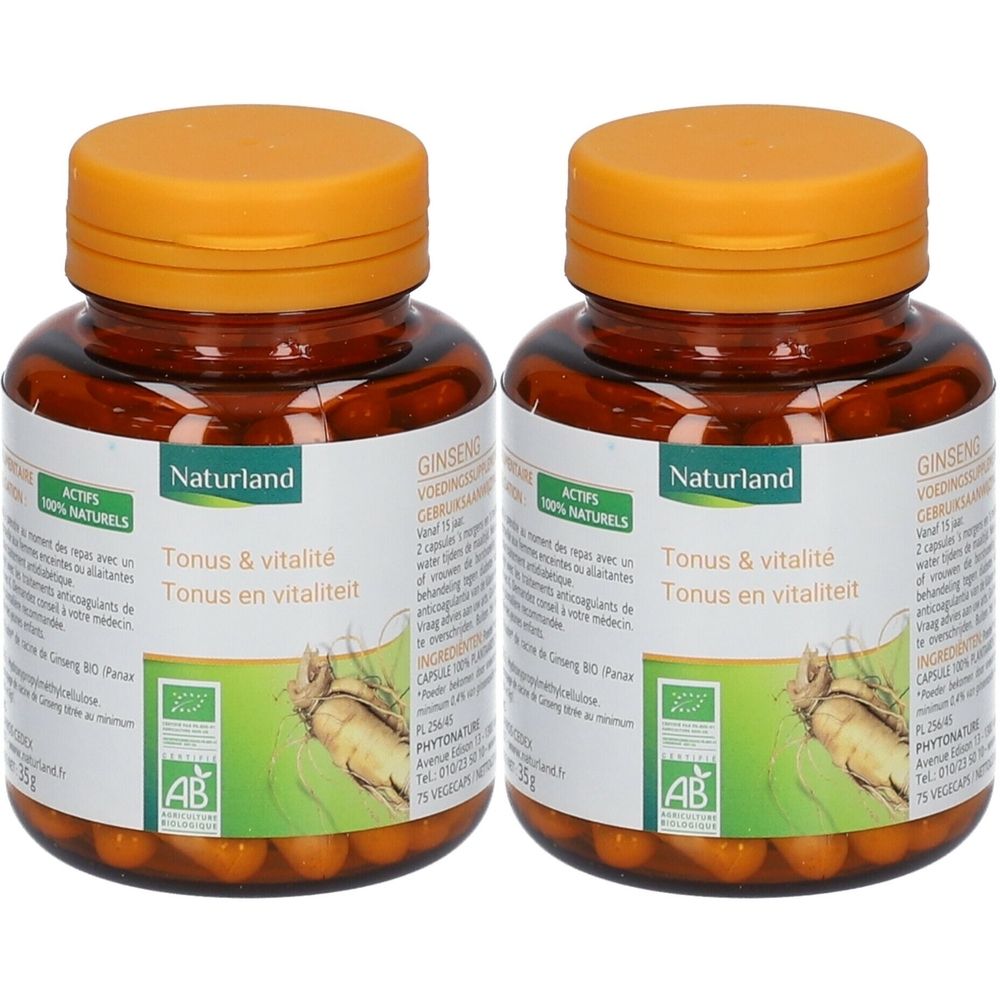 Deux flacons de Naturland Ginseng Bio Végécaps. Flacons bruns avec couvercles orange. Inscription : Tonus & vitalité, label AB.