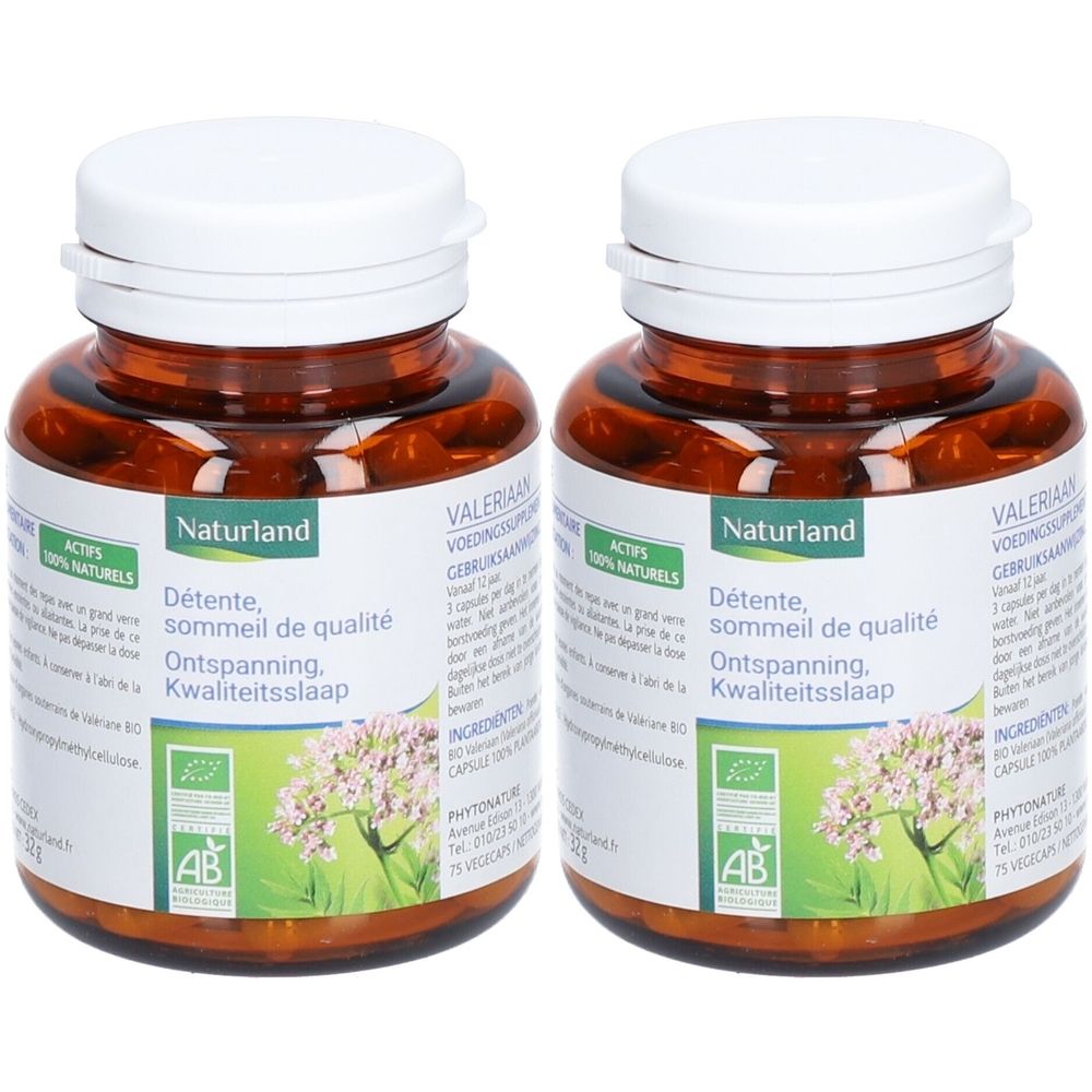 Deux flacons bruns avec des couvercles blancs. Étiquettes avec Naturland, Détente, sommeil de qualité, Ontspanning, Kwaliteitsslaap.