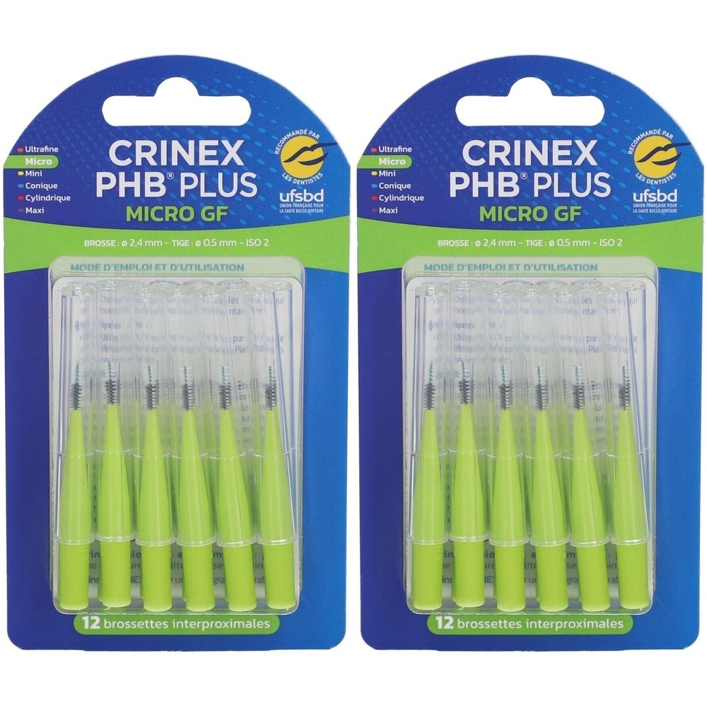 Deux paquets de brosses interdentaires Crinex PHB Plus Micro GF. Chaque paquet contient 12 brosses. Certification UFSBD.