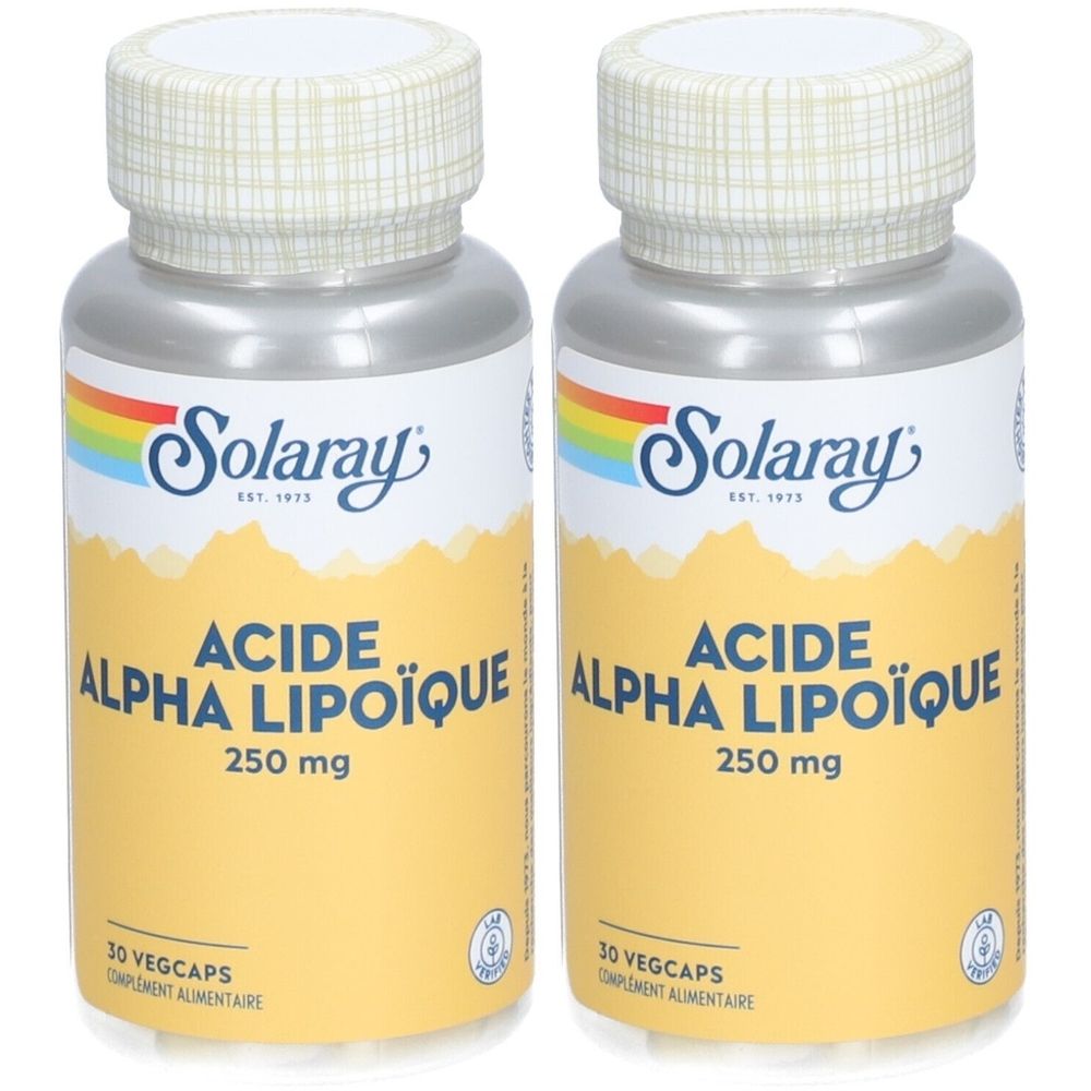 Deux flacons avec bouchons blancs et corps argentés. Inscription: Solaray, ACIDE ALPHA LIPOÏQUE, 250 mg, 30 VEGCAPS.