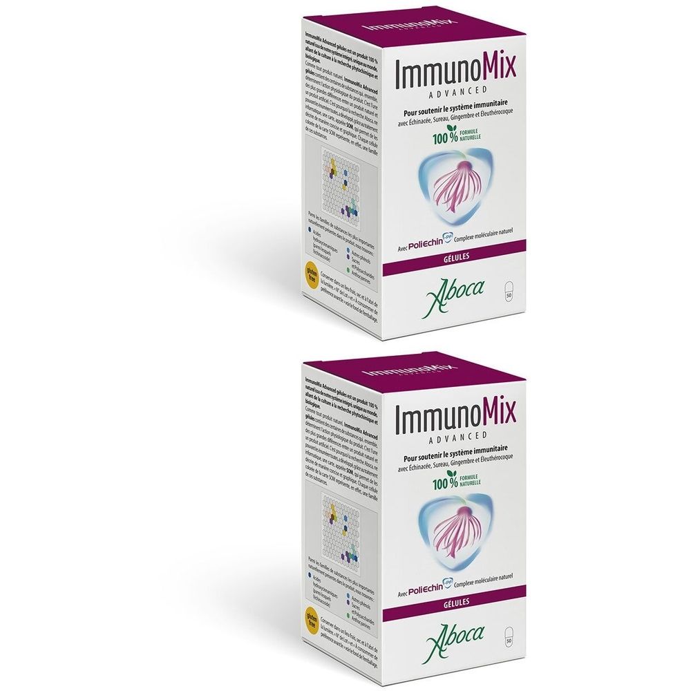 Deux boîtes ImmunoMix Advanced. Emballage blanc et violet avec logo et informations sur le produit.