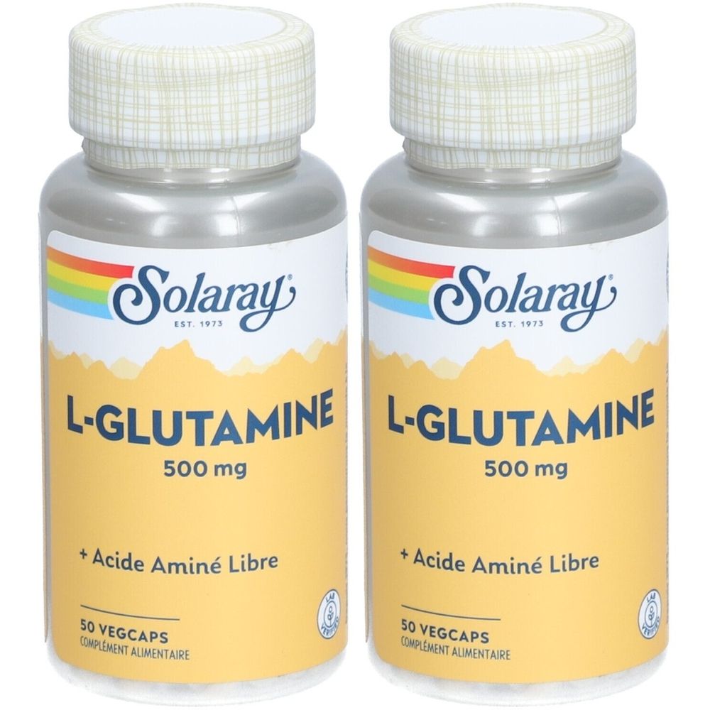 Deux flacons de Solaray L-Glutamine. Étiquette jaune avec texte: L-Glutamine 500 mg, + Acide Aminé Libre, 50 Vegcaps. Marque Solaray.
