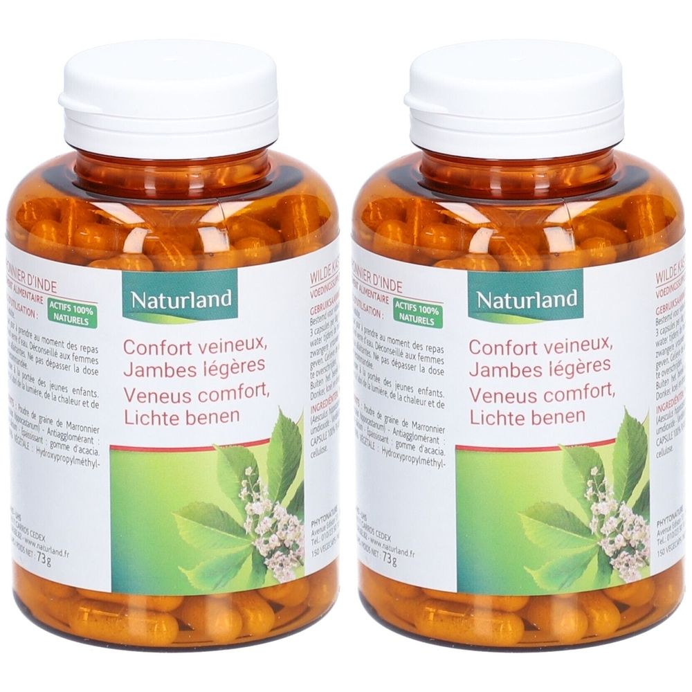 Deux flacons de gélules. Inscription : Naturland, Confort veineux, Jambes légères, Veneus comfort, Lichte benen. Bouchons blancs, flacons bruns.