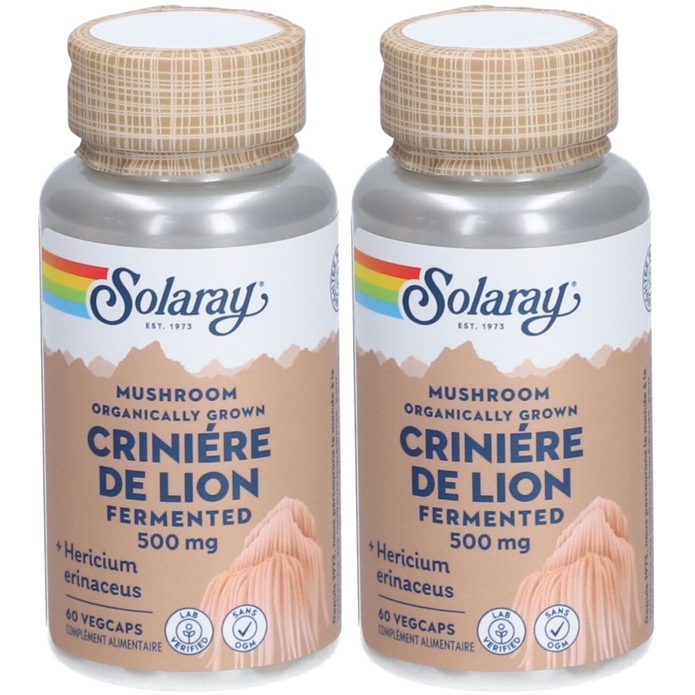 Deux flacons de gélules. Inscription : Solaray, Crinière de Lion fermenté 500 mg. Avec certifications.