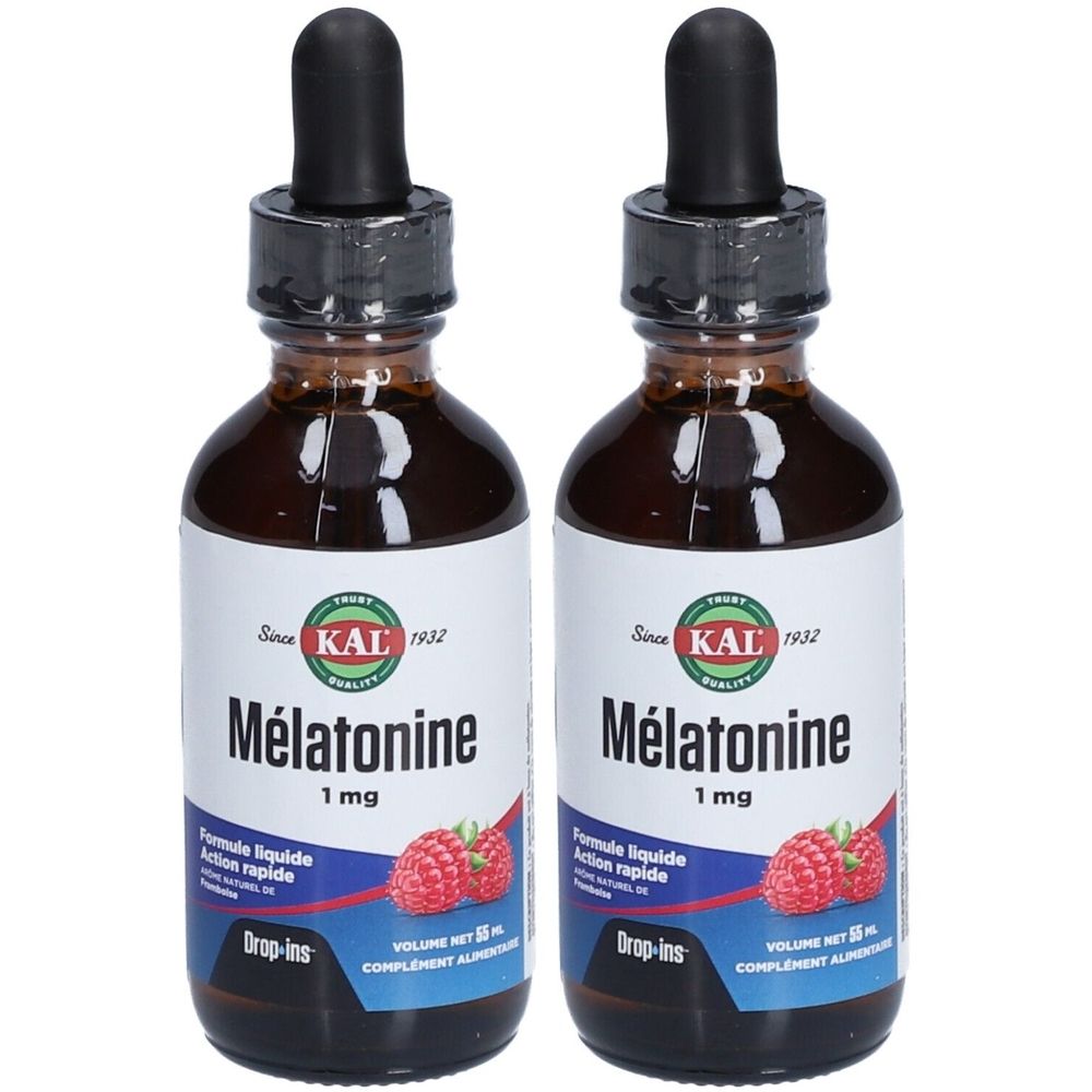 Deux flacons de liquide brun avec compte-gouttes. L'étiquette indique "Mélatonine 1 mg" et une image de framboise.