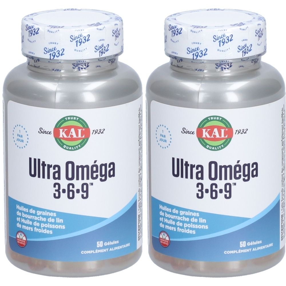 Deux flacons de KAL Ultra Oméga 3-6-9. Inscription: Ultra Oméga 3-6-9, 50 gélules. Avec sceau et logo.