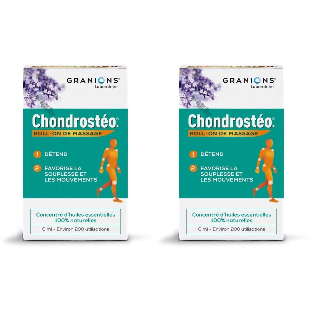 Deux boîtes rectangulaires de Chondrostéo Roll-On massage. Inscriptions: Granions, Chondrostéo, Roll-On de Massage, huiles essentielles 100% naturelles.