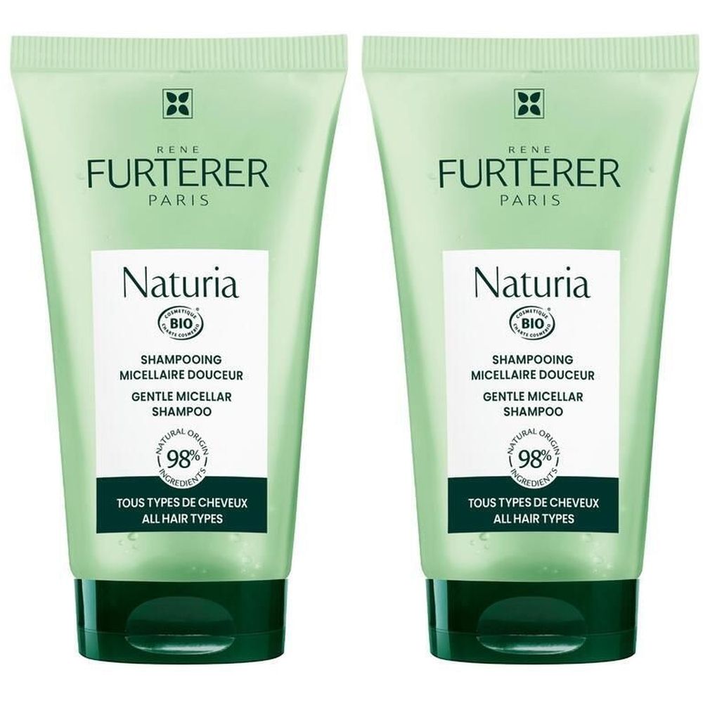 Deux tubes de shampooing verts. Inscription: RENE FURTERER PARIS, Naturia, micellaire douceur, 98% ingrédients naturels, tous types de cheveux.