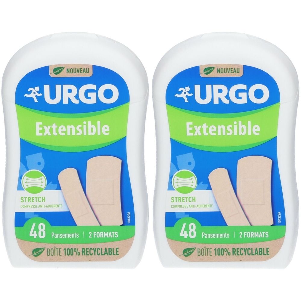 Deux boîtes de pansements URGO Extensible. Emballage blanc avec éléments verts et bleus. Contient 48 pansements en 2 formats.