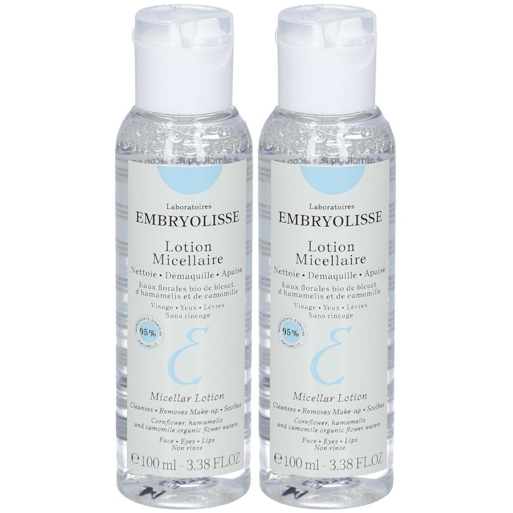 Deux flacons de Lotion Micellaire EMBRYOLISSE. Liquide clair dans des flacons transparents avec bouchon blanc. Étiquette avec informations.