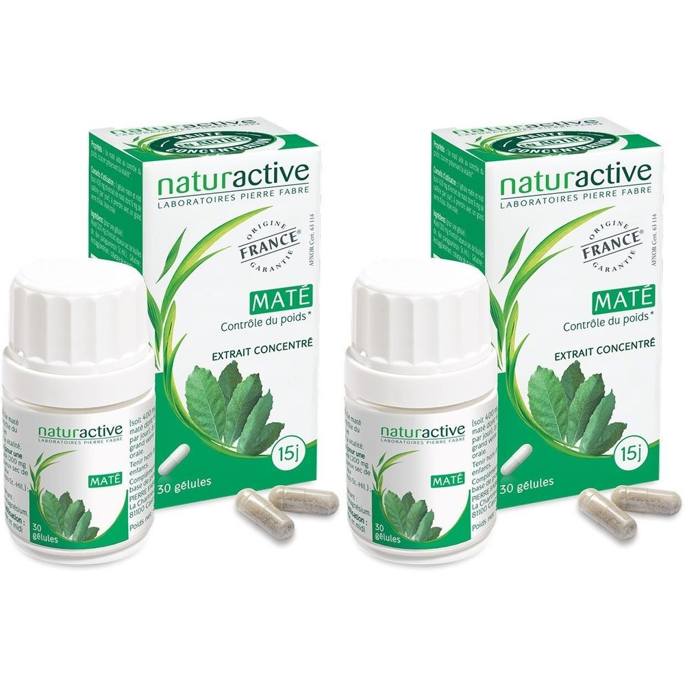 Deux flacons et deux boîtes de gélules. Inscription : Naturactive Maté, Extrait Concentré, Origine France.