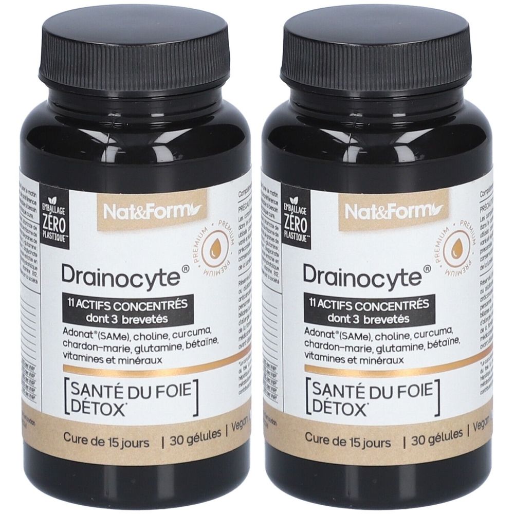 Deux flacons noirs avec bouchons noirs. Étiquettes avec "Nat&Form Drainocyte", ingrédients et "Santé du Foie Détox".
