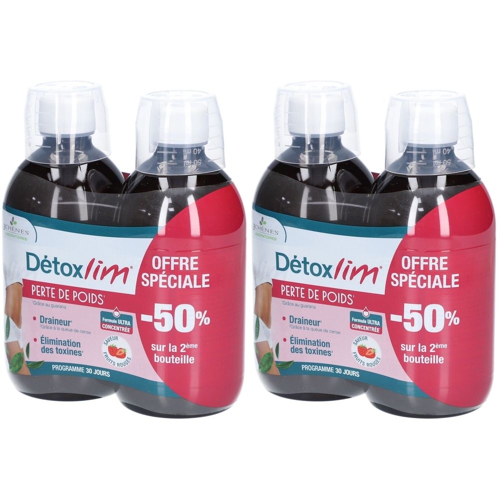Lot de quatre flacons Détoxlim Perte de Poids. Étiquettes rouges et blanches avec texte. Offre spéciale : -50% sur la 2ème bouteille.