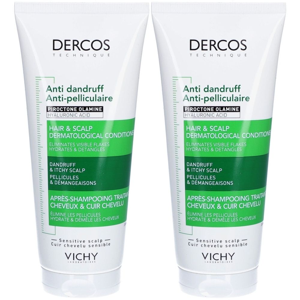 Deux tubes blancs avec bande verte. Inscription Dercos, Anti-pelliculaire, pour cheveux et cuir chevelu. Contient Piroctone Olamine.