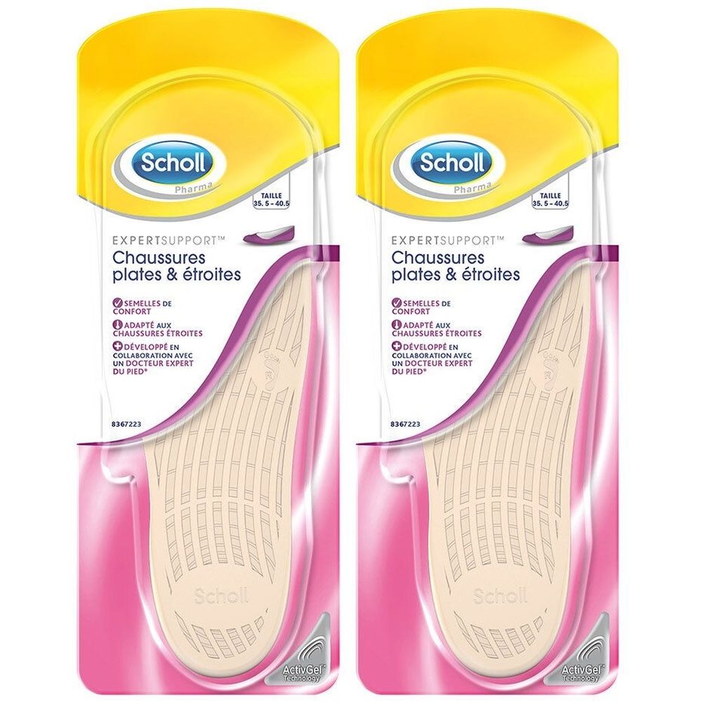 Deux semelles Scholl® ActivGel™ pour chaussures plates et étroites, emballées. Emballage jaune et rose avec nom et logo du produit.