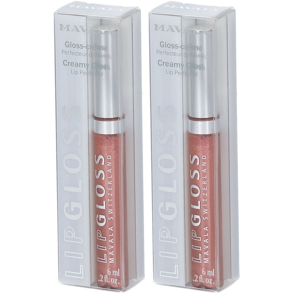 Deux tubes de gloss dans des emballages transparents. Inscription: LIP GLOSS, MAVALA SWITZERLAND, 6 ml.