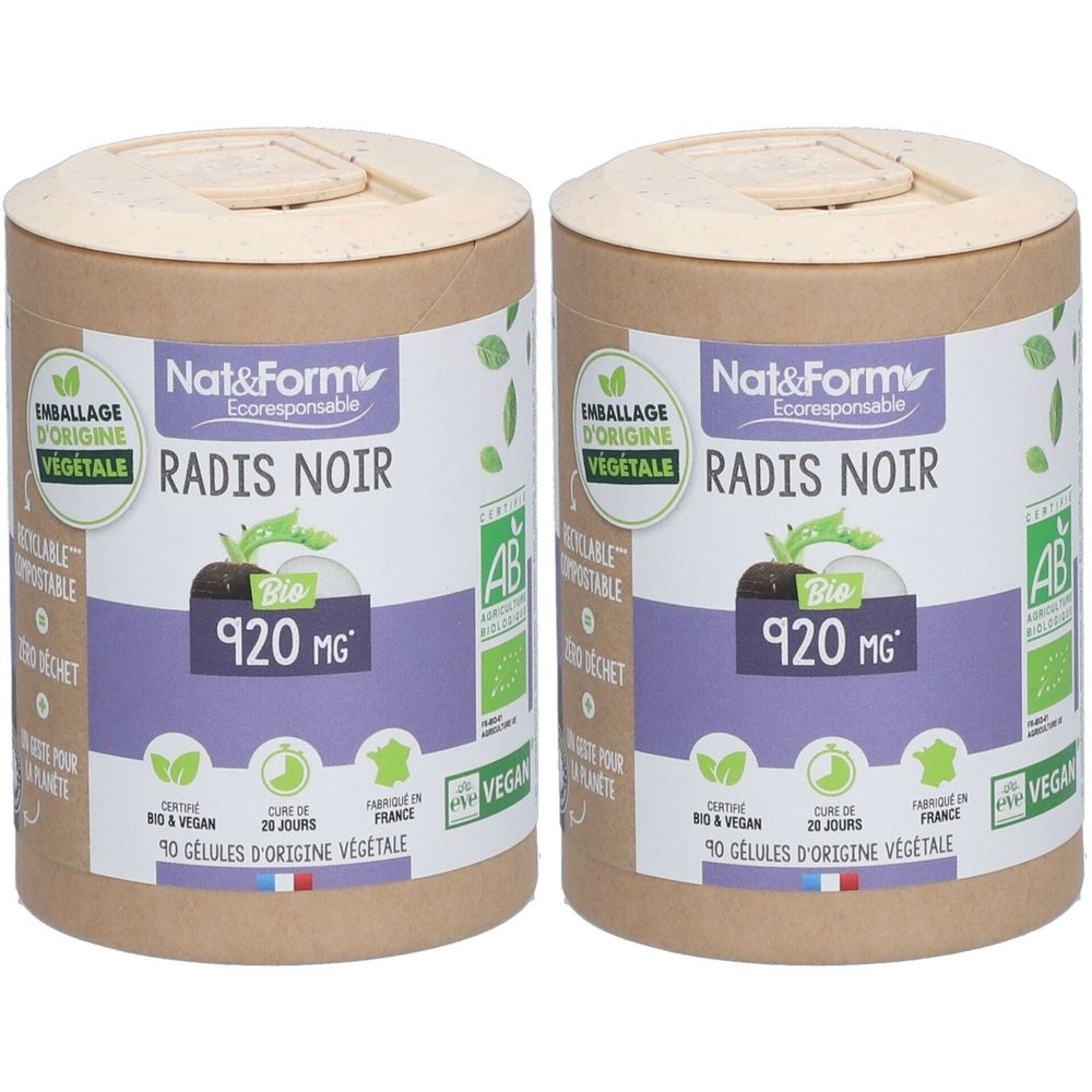 Deux boîtes cylindriques "Nat&Form Radis Noir Bio". Inscription "920 MG" et certifications. Vegan et AB-Bio. Emballage d'origine végétale.