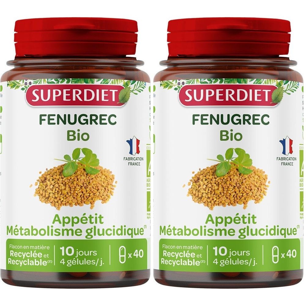 Deux flacons de SUPERDIET FENUGREC Bio. Inscription: Appétit Métabolisme glucidique. Contient 40 gélules. Fabriqué en France. Bouchon rouge.