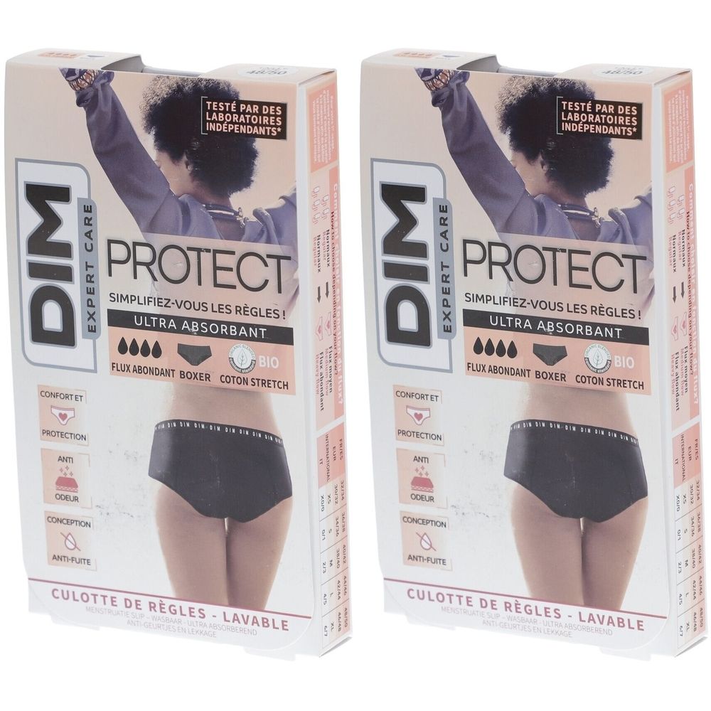 Deux boîtes de DIM Protect Culotte de règles. Inscription: Protect, Ultra absorbant, Boxer, Coton stretch. Culotte noire représentée.
