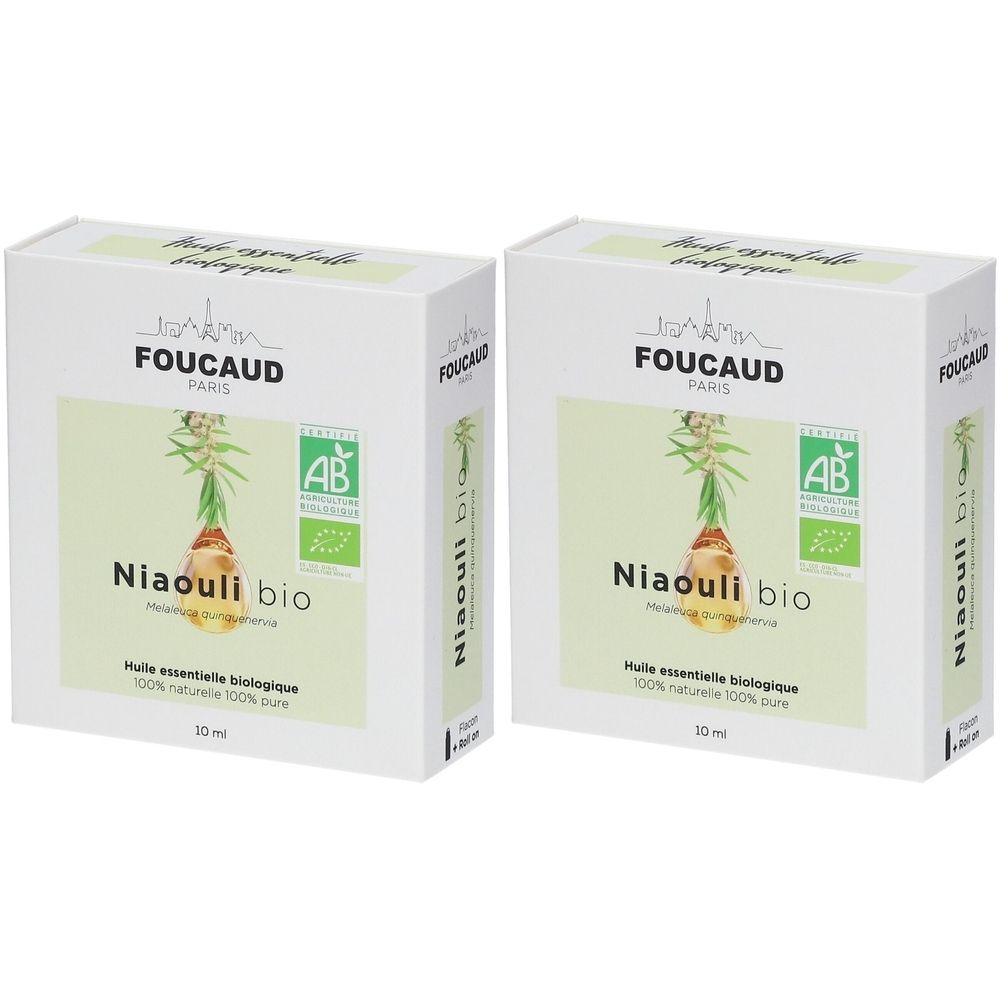 Deux boîtes blanches. Inscription: FOUCAUD PARIS, Niaouli bio, label AB. Huile essentielle 100% naturelle et pure.