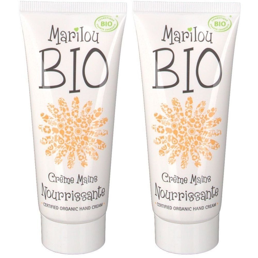Deux tubes de crème pour les mains. Blancs, avec impression Marilou Bio, logo BIO, motif floral et texte. Crème pour les mains bio certifiée.