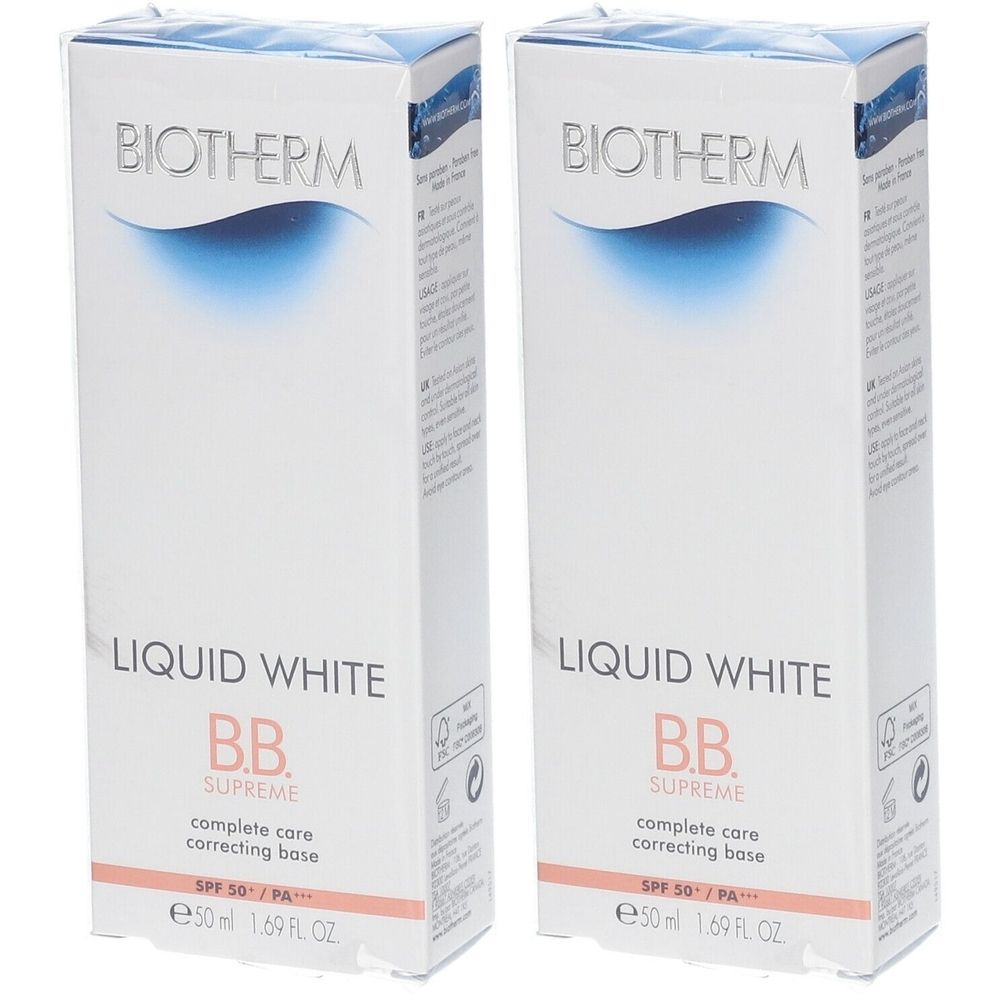 Deux boîtes blanches avec impression de produit. Inscription : BIOTHERM, LIQUID WHITE, B.B. SUPREME, complete care correcting base, SPF 50/PA, e50ml 1.69 FL.OZ.