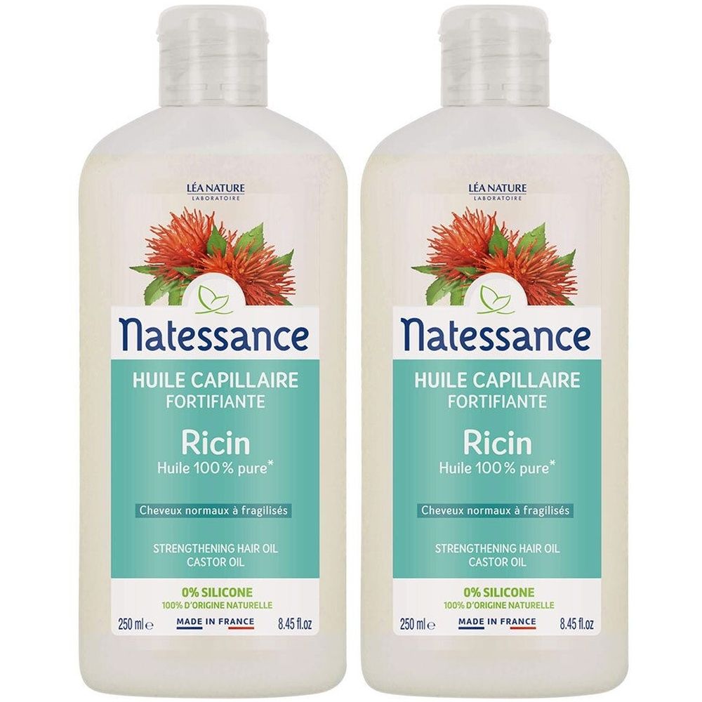 Deux flacons de NATESSANCE Huile de ricin. Flacons blancs avec étiquettes turquoise. Texte : Ricin, Huile 100% pure. Fabriqué en France.