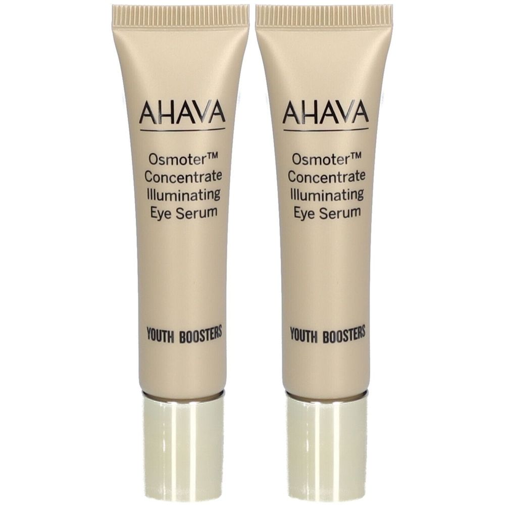Deux tubes de sérum contour des yeux AHAVA Osmoter. Tubes beiges avec bouchons argentés. Inscription : Osmoter Concentrate Illuminating Eye Serum.
