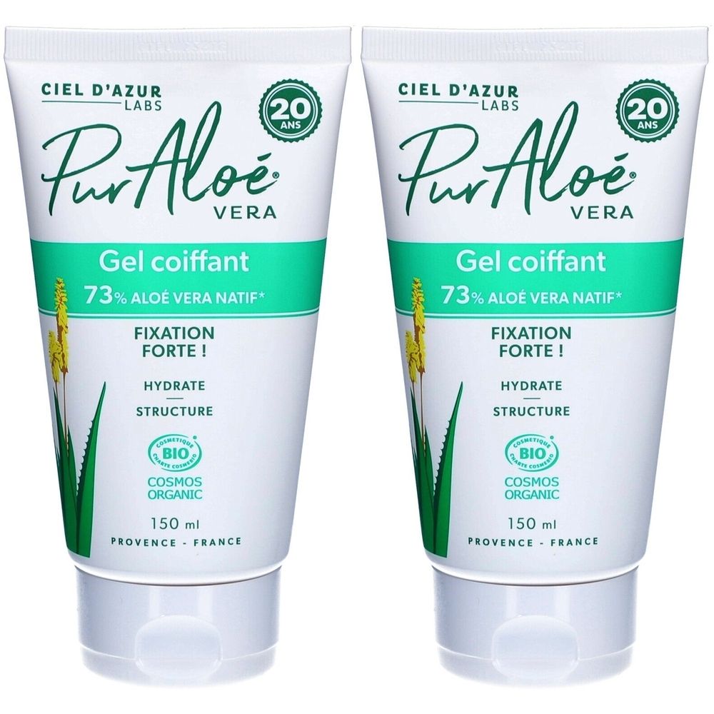 Deux tubes de gel coiffant CIEL D'AZUR PurAloé. Blanc, avec texte vert et noir. Contient 73% d'Aloe Vera.