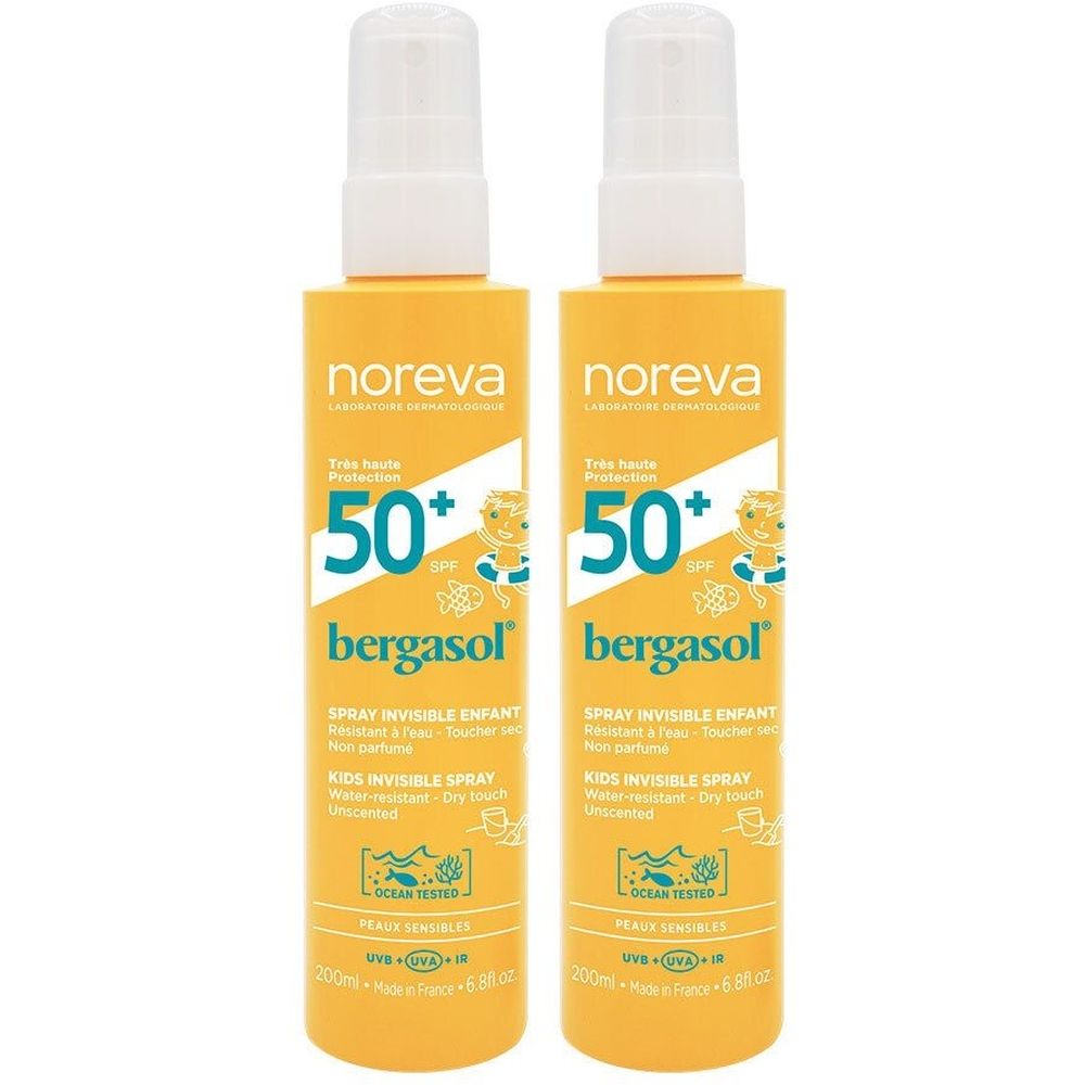 Deux flacons de NOREVA Bergasol Spray Invisible Enfant SPF50+. Flacons jaunes avec vaporisateur blanc. Texte: 50+, Bergasol, Spray Invisible Enfant.