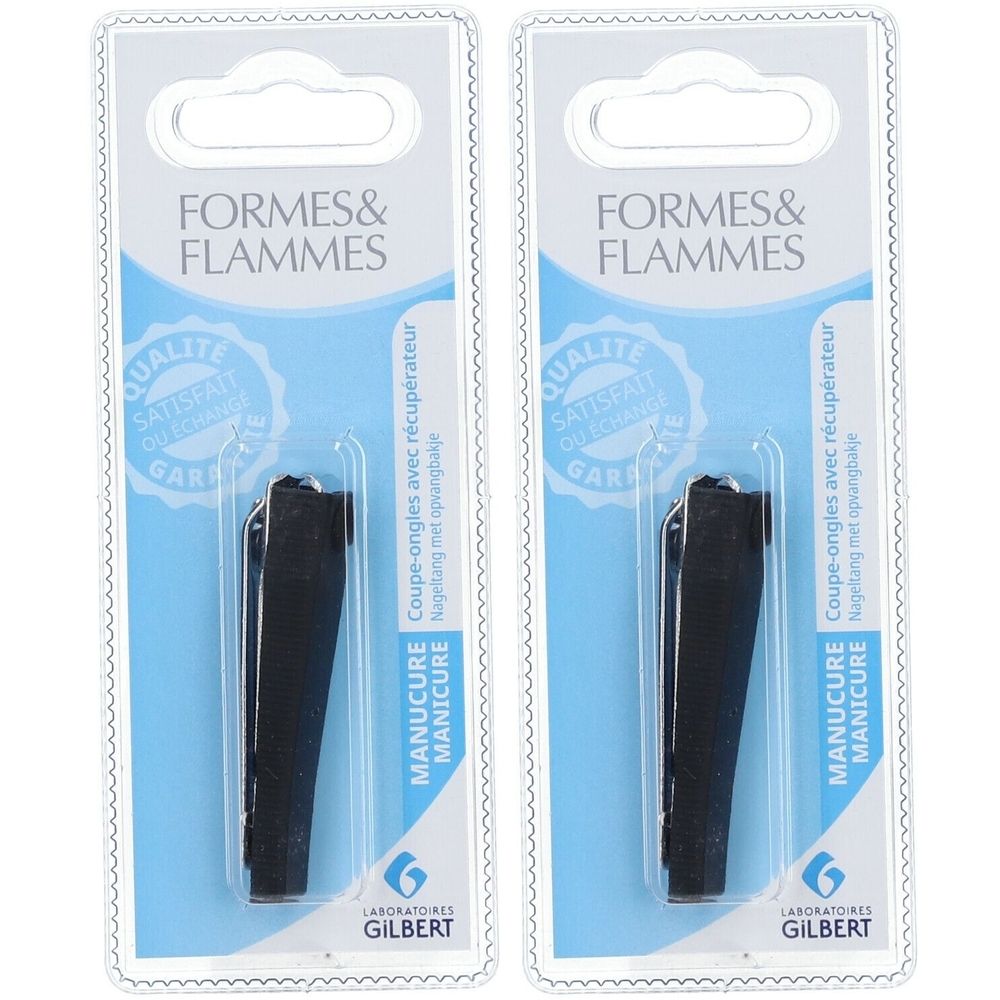 Deux coupe-ongles noirs en emballage blister. Avec récupérateur. Marque Formes & Flammes, Laboratoires Gilbert. Texte: Qualité garantie.