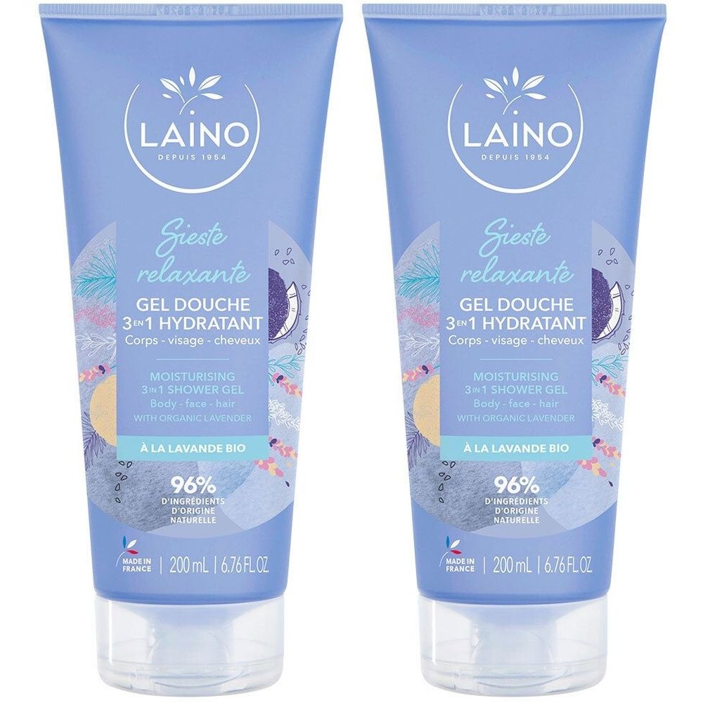 Deux tubes de gel douche bleus. Inscription: LAINO, Sieste relaxante, Gel Douche 3-en-1 hydratant. À la lavande bio.
