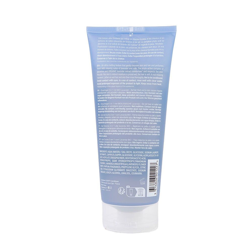 Tube bleu clair avec bouchon blanc, le dos présente des informations détaillées sur le produit et des codes-barres.