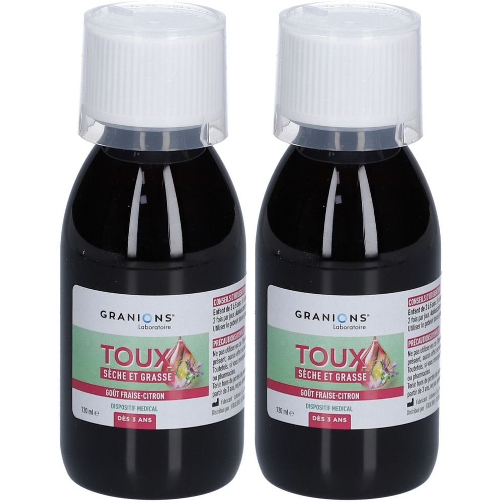 Deux flacons de sirop contre la toux. Étiquettes avec "TOUX SÈCHE ET GRASSE" et "GOÛT FRAISE-CITRON". Bouchons blancs.