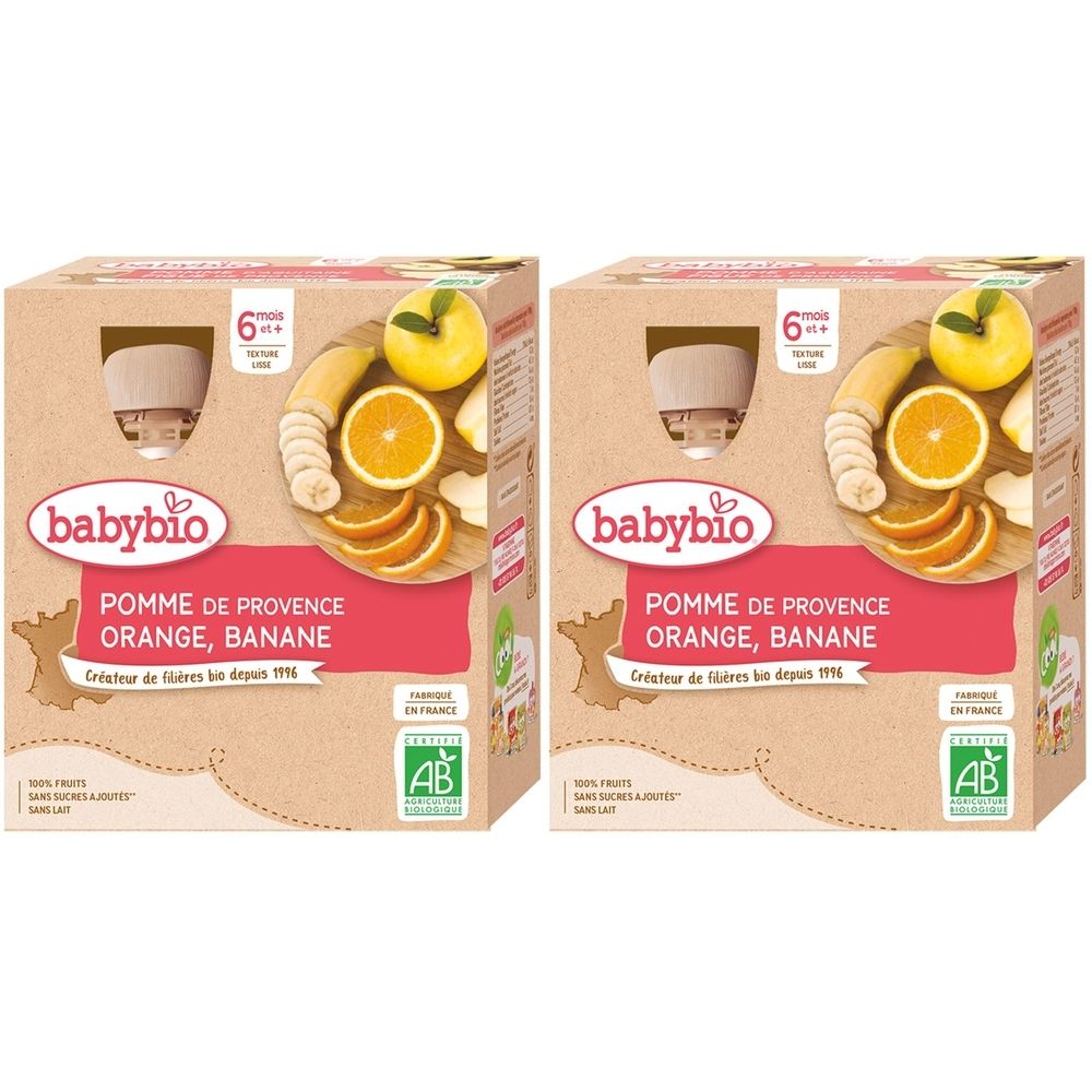 Deux boîtes de nourriture pour bébé Babybio. Inscription : Pomme, Orange, Banane. Avec label AB. Dès 6 mois.