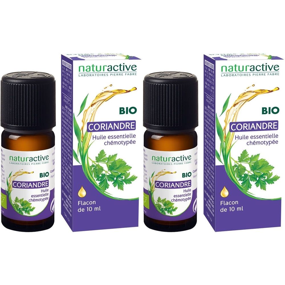 Trois flacons avec bouchon noir et boîtes violettes. Inscription : naturactive, BIO, Coriandre, Huile essentielle chémotypée.