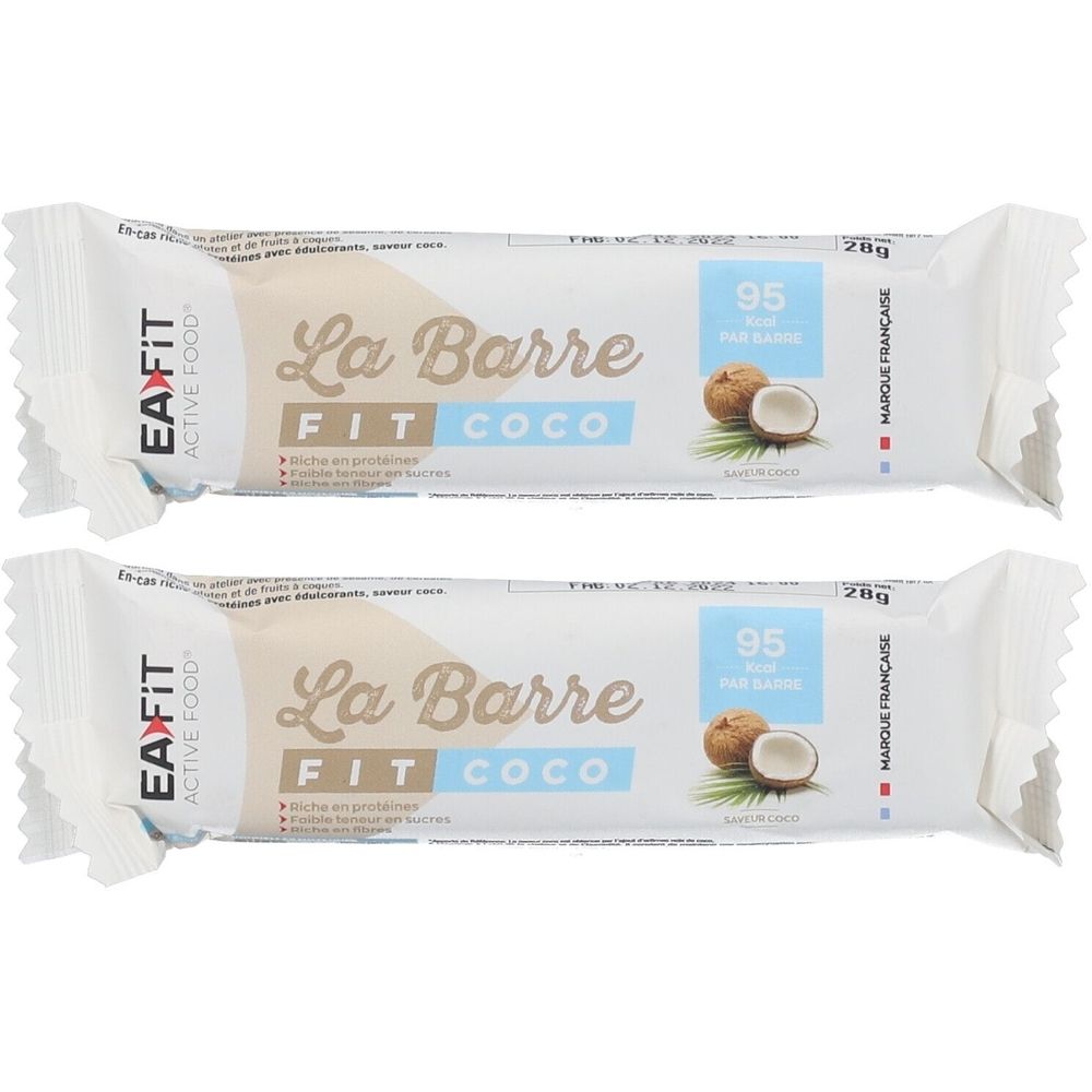 Deux barres emballées. Inscription: La Barre FIT COCO. Marque EA FIT. Illustration d'une noix de coco. Marque française.