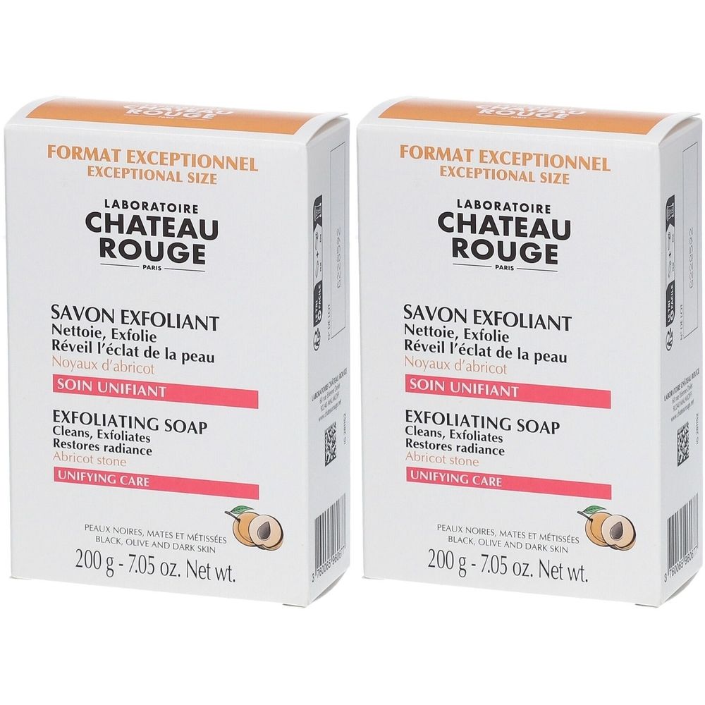 Deux boîtes blanches SAVON EXFOLIANT. Marque CHÂTEAU ROUGE. Texte en français et anglais. 200g. Format exceptionnel.