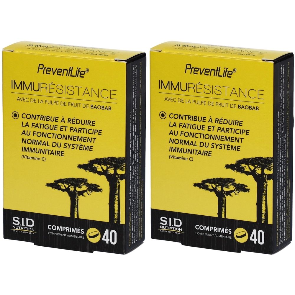 Deux boîtes de PreventLife Immurésistance. Emballage jaune avec nom et informations. Contient 40 comprimés.