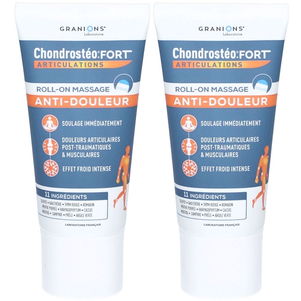 Deux tubes de Chondrostéo:FORT, Roll-on Massage Anti-Douleur. Blancs, avec texte bleu et orange. Contient 11 ingrédients.