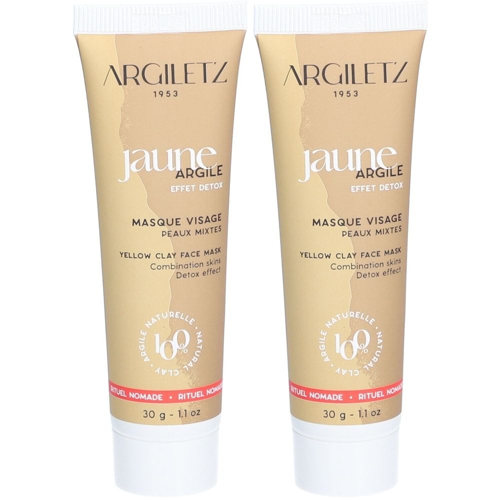 Deux tubes de masque visage ARGILETZ. Tube jaune, bouchon blanc. Texte: Jaune Argile, Masque Visage, Peaux Mixtes, Yellow Clay Face Mask.
