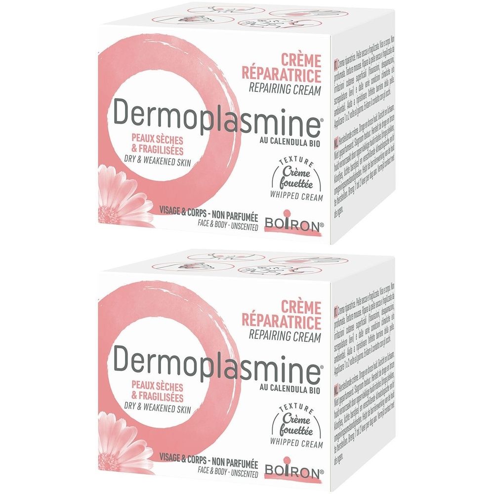 Deux boîtes carrées de crème. Inscription: Dermoplasmine, Crème Réparatrice, pour peaux sèches et fragilisées. Marque Boiron.