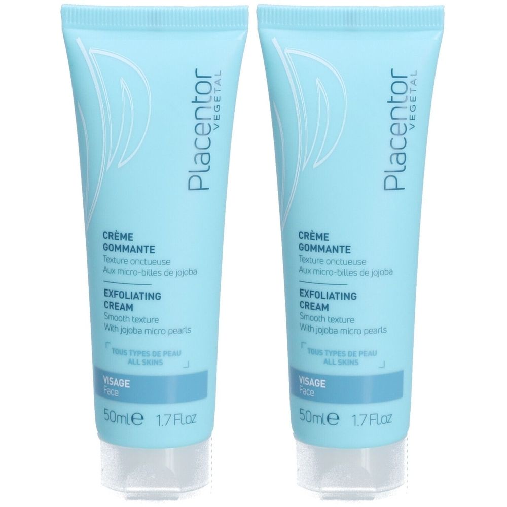 Deux tubes bleus clairs avec texte. Inscription: Placentor Vegetal, Crème Gommant, Exfoliating Cream. Pour tous types de peaux.