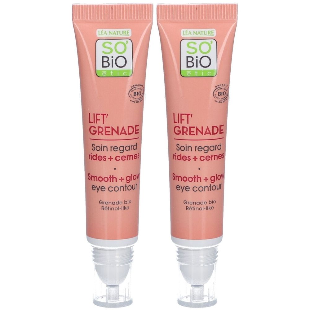Deux tubes de soin pour les yeux SO BIO ETIC Lift'Grenade. Tubes roses avec applicateur blanc. Texte: Lift'Grenade, Soin regard, Smooth + glow eye contour.